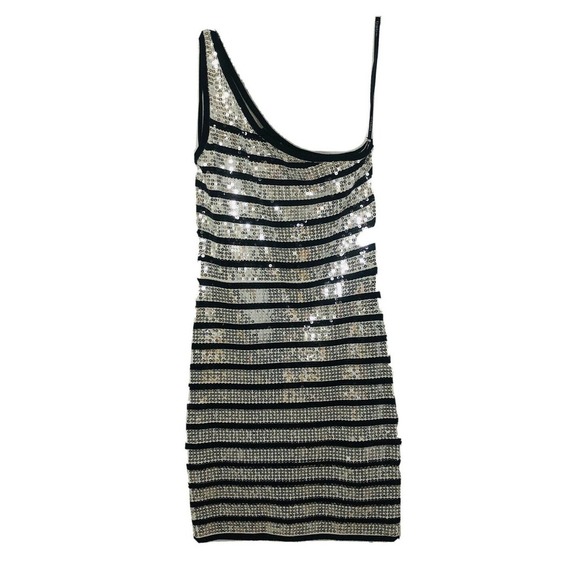 Women's Bebe White & Black Sequins Body Con Evening Party Dress Size Small - Picture 4 of 7